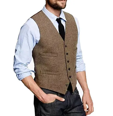 Mens Tweed Vest Wool Herringbone Vintage Casual Formal Vests M Large XL XXL 3XL • $17.99