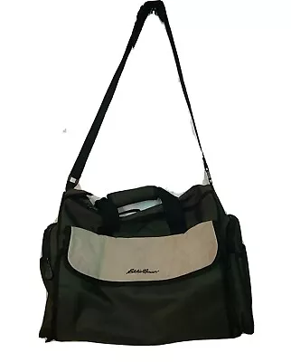 Eddie Bauer Duffel Travel Bag Green/Black Canvas Tan Suede Flap 17x8x12 EUC • $29