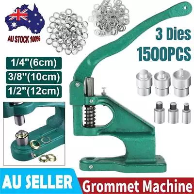 Manual Press Grommet Eyelet Hole Punch Machine & 3 Dies & 1500x Silver Grommets • $51.98