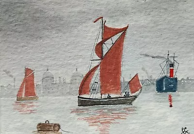 ACEO Original Watercolour Painting. Sailing Barge On The River Thames. Boats. • £2.95