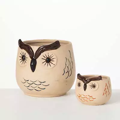 Kitschy Brown Owl Ceramic Planter Set Of 2 5.75 H & 3 H Multicolored • $32.84