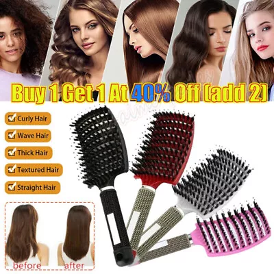 Magical Brush Detangle Detangling Natural Boar Bristle Ladies Hair Brush Curved • £5.03