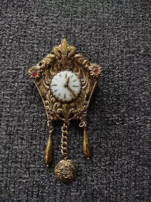 Vintage  Czechoslovakia Pendulum Clock Fleur De Lis With Red Rhinestones Pin • $28