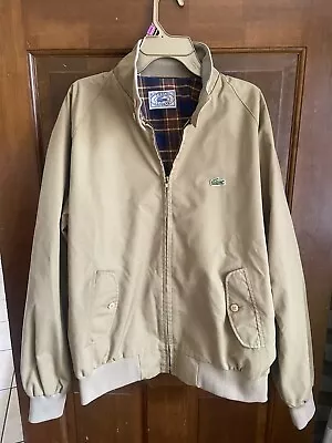 VINTAGE Izod Lacoste Jacket Mens Large Dark Tan Coat  Plaid Lining Logo Gator • $20