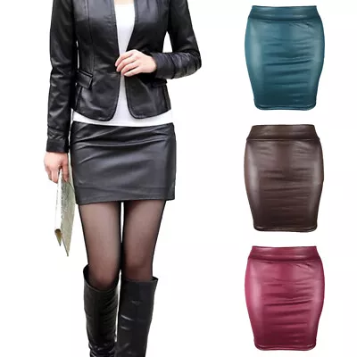 Womens Faux Leather Pencil Skirt High Waist Wet Look Bodycon Fashion Mini Dress • $8.49