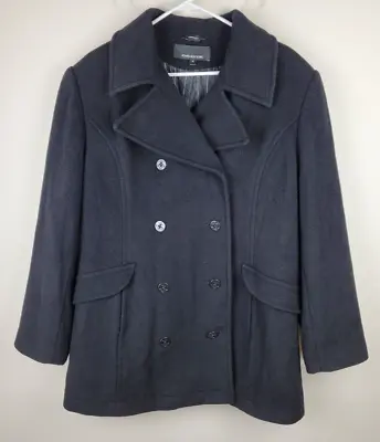 Vintage Jones New York Pea Coat Womens 14 Black Wool Double Breasted Jacket USA • $48.99