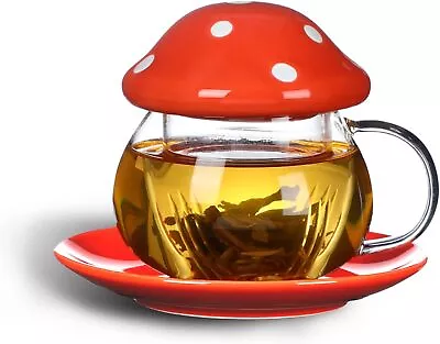 Glass Tea Cup With Infuser And Lid Mug Set Coffee Teapot Ceramic Coasters 11oz • $45