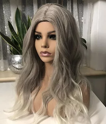 Ashy Grey Cream Light Blonde Ombré Full Wig Wavy Long Cosplay Synthetic Womens • £13.70