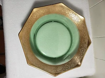 Vintage Art Deco GREEN Eight Sided Bowl W/ Gold Trim VG • $24.99