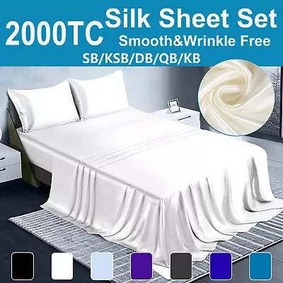 2022 Silk Satin Bed Sheet Set Single/Double/Queen/King Flat Fitted Pillowcase AU • $10.79
