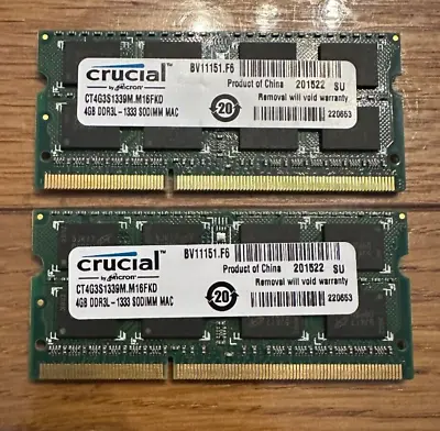 Crucial 8GB (2 X 4GB) DDR3L 1333MHz PC3L-10600 204pin Laptop Macbook Imac RAM • £11.99