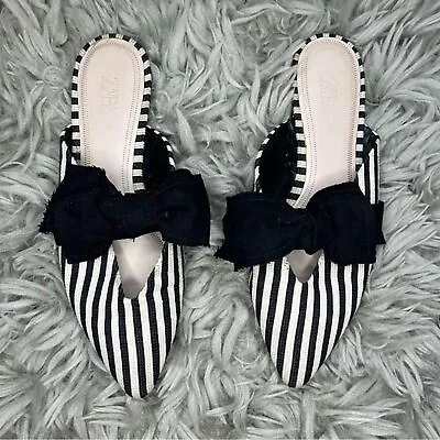 ZARA Striped Canvas Mules With Bow Women's  US Size 6 EU 36 • $30