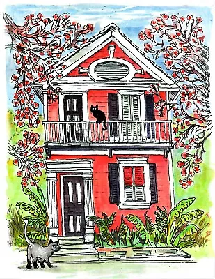 Red House And Cats New Orleans Mansion New Orleans Art Cat Art Print Cat Art • $35