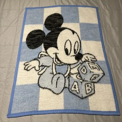 Vtg Disney Biederlack Baby Mickey Mouse Crib Blanket ABC Blocks 36x27 Blue Lovey • $27.50