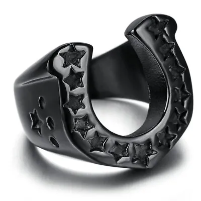 Vintage Lucky Star Horseshoe Ring Stainless Steel Men's Biker Black Amulet Ring • $12.98