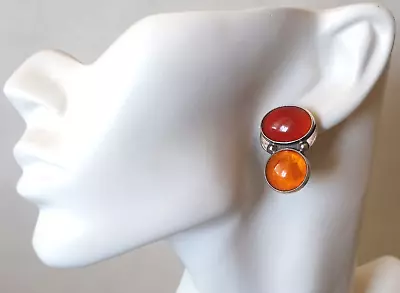 Amy Kahn Russell Amber & Carnelian 925 Sterling Silver Clip On Earrings • $129