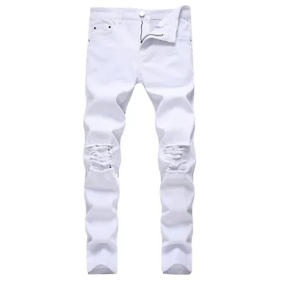 Mens Jeans Trousers Ripped Denim Pants Stretch Skinny Casual Distressed Slim Fit • $22.53