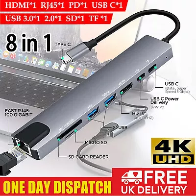 8 In 1 Multiport USB-C Hub Type C To USB3.0 4K HDMI Adapter For Macbook Pro/Air • £11.29