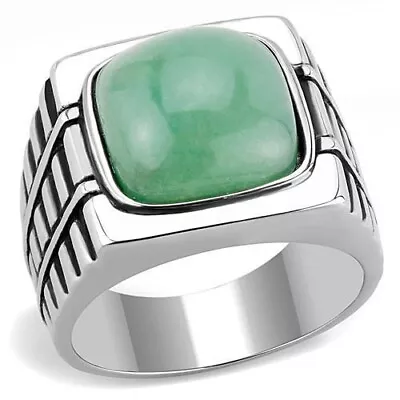 Mens Jade Ring Green Emerald Signet Pinky Stainless Steel • £19.95