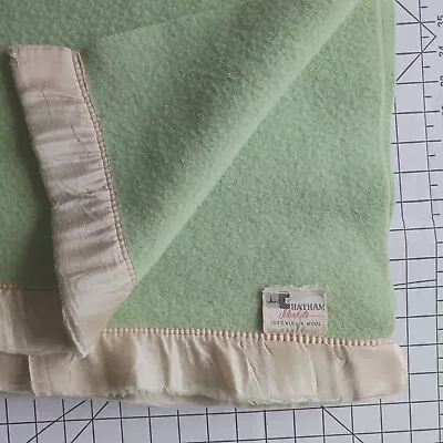 Vintage Wool Blanket Seafoam Green CHATHAM 67x78  Satin Binding Worn Clean • $28
