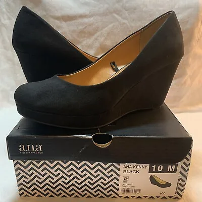 A.N.A. KENNY Womens Black Faux Suede Wedge Heels Slip On Shoes Sz 10M Great Used • $14