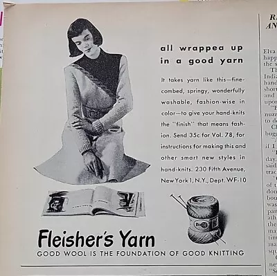 1946 Fleisher's Sewing Yarn  Good Wool Good Knitting Vintage Ad • $14.99