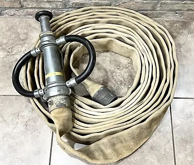 Vintage Firefighter Nozzle W/ Tip Elkhart Brass Mfg & 47ft Fire Hose SHFD • $274.99