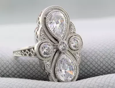 White Marquise & Round Filigree Vintage Style Engagement Wedding Ring 925 Silver • $108