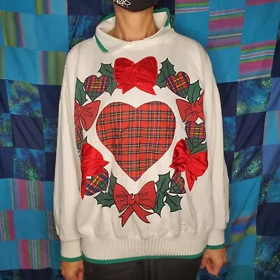 VTG 90s Ashley Hill Christmas Wreath Plaid Heart Medium Collared Sweatshirt EUC • $29.98