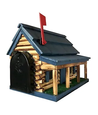 Log Cabin With Porch Wooden Mailbox Blue Authentic Amish-made In USA • $219