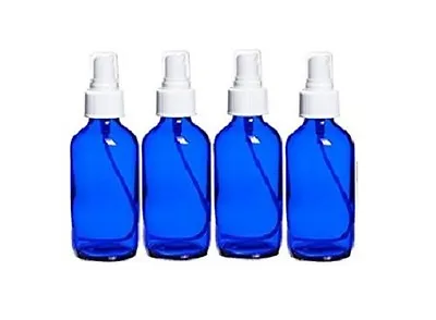 4 Pack NEW 4 Oz. Cobalt Blue Boston Round GLASS Spray Bottle WHITE Mist Sprayer • $9.95