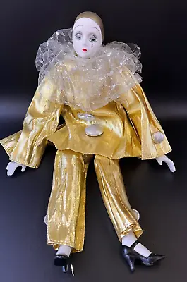 Vintage Long 20  Porcelain Mime Mardi Gras Gold Pierrot Doll Soft Body Tear Drop • $17
