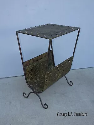 Vintage Gold Side Table W Magazine Rack Hammered W Decorative Nails • $175