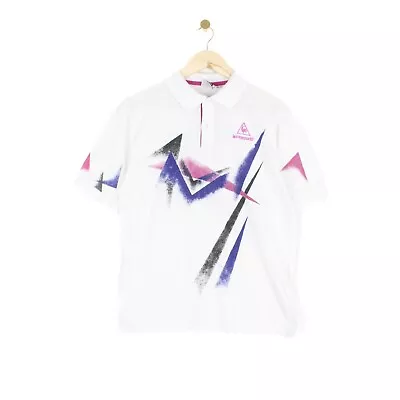 Vintage Le Coq Sportif Tennis Polo Shirt White Graphics Print Sports Mens Size M • £24.99