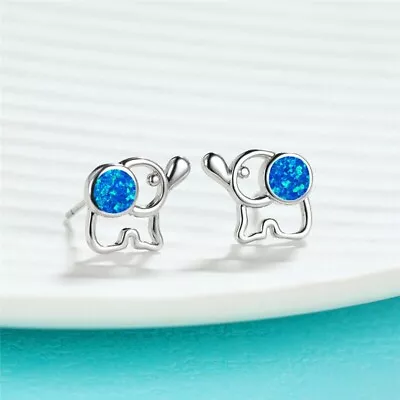 Cute New Silver Fashion Jewelry Blue Resin Fire Opal Elephant Stud Earrings • $11.95