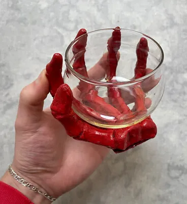 Halloween Skeleton Red Hand Holding Glass Bowl Tea Light Seeet Holder • £12