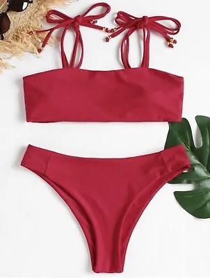 Zaful “Tie Shoulder High Cut Bikini” In Cranberry Size M/ AUS10/ US6 • $30