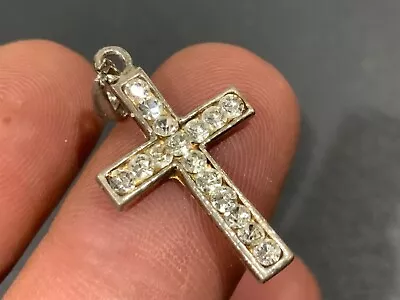 Silver Cross Pendant Vintage Estate Jewellery Faux Diamond 3cm Crucifix #08 • $14
