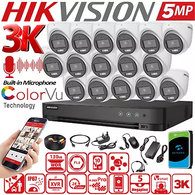 HIKVISION 5MP CCTV Camera ColorVu SECURITY SYSTEM Audio-Mic 4CH 8CH 16CH DVR Kit • £1138