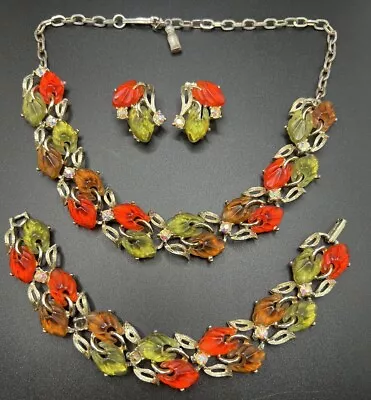 Vintage Lisner ? Jelly Lucite AB Necklace Earrings Bracelet Orange Green Read • $69.99