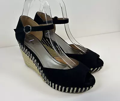 Monsoon Sandals Black Faux Suede Open Toe Strappy Espadrille Wedge UK 6 • £12.99