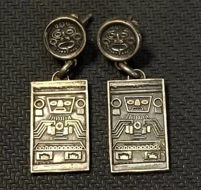 Vintage Mayan Aztec God Sterling Silver .925 Square Dangle Pierced Earrings 1.5” • $74.99