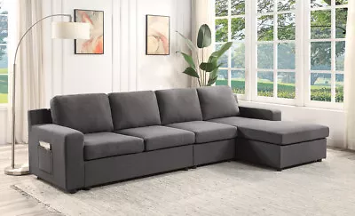 119  Modern Gray Linen 4-Seater Sectional Sofa Chaise With Pocket • $1230.03