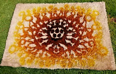 £250 • Buy Vintage 1970s Scandinavian Wool Rya Ryg Unusual Styalized Sunburst Design