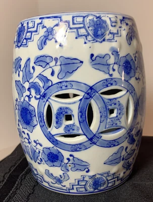 $124.99 • Buy Vintage Chinese Canton Blue & White Porcelain Mini Garden Seat/Barrel W Cutouts