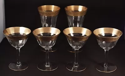 6 Vintage Crystal Tiffin Style Gold Urn Rimmed Champagne / Wine Glasses • $10