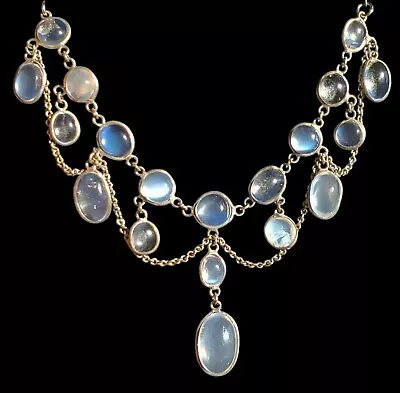 Antique Edwardian 9k Gold And 925 Sterling Silver Genuine Moonstone Necklace • $1500