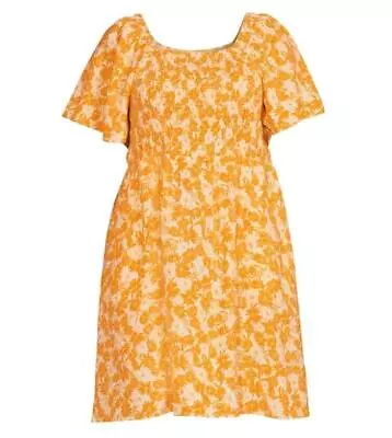 Golden Yellow Floral Plus Sz 4X 28 / 30 Smocked Fit & Flare Dress Side Pockets • $15
