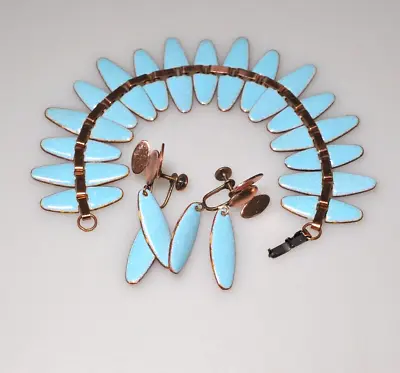 VTG Matisse Signed MCM Robin Egg BLUE  Bracelet Earrings Set Copper  Enamel PC12 • $48