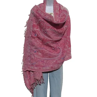 Shawl | Embroidery | Yak + Sheep Wool Blend | Stitched| Handmade | Pink & White • $82.80